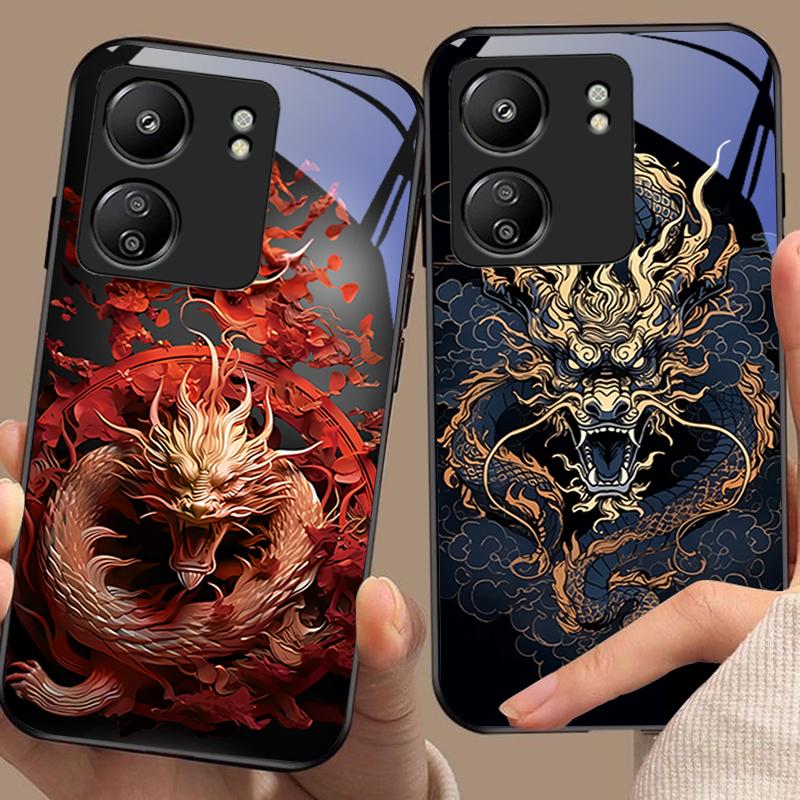Chinesischer Winddrache Für Xiaomi Redmi 13C Note13 12 Pro Plus 5G Note 9 13T Pro POCO X6 F5 F6 Schwarze Handyhülle aus gehärtetem Glas
