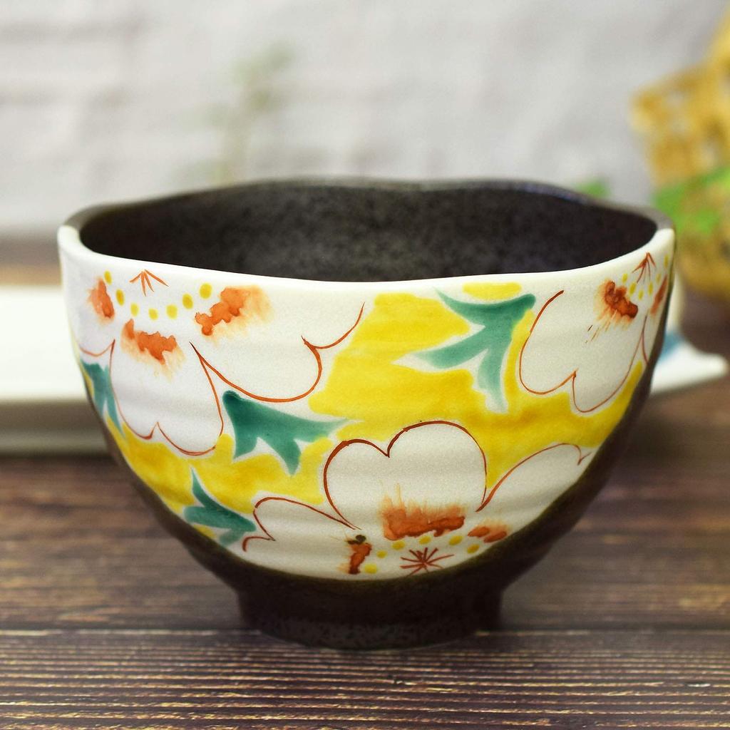 Waza no Kura Stilvolle Teeschale aus Kutani-Keramik mit Blumenmuster Luxuriös Japanisch Hergestellt zum Geburtstag 60. 70. 77. 88. Geschenk Schale, (Gelb), Keramik,