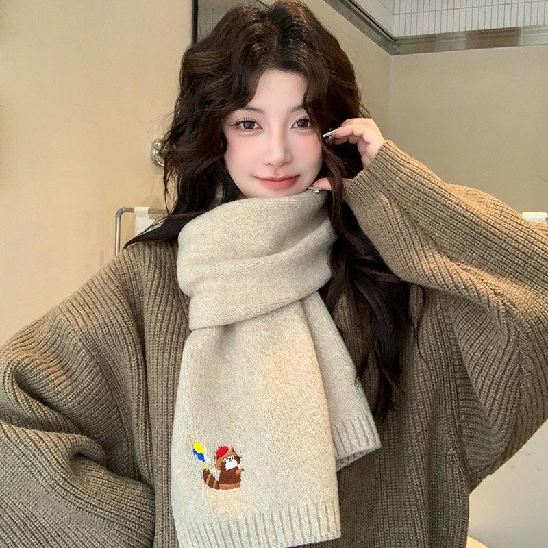 Cartoon embroidered knitted scarf women's autumn and winter new Korean solid color atmosphere cold and warm scarf