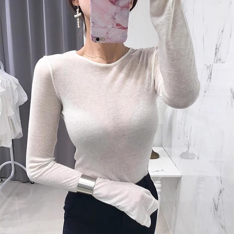 Dámské univerzální zakrývací tričko s dlouhým rukávem a kulatým výstřihem, základní vrstva, tenké, mírně průsvitné, pohodlný pletený top