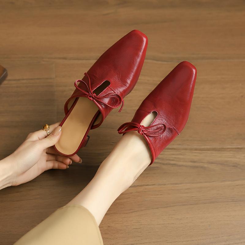 Fashion 2025 Summer Women Shoes Genuine Sheepskin Leather Slippers Women Covered Toe Thick High Heels Party Dress Mules Ladies Sandals