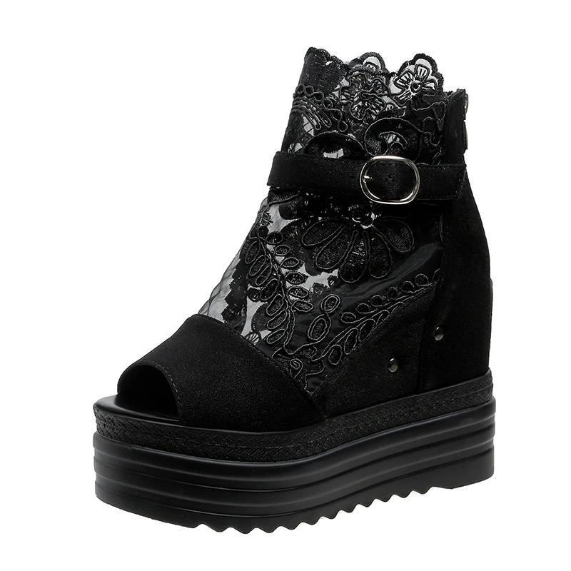 Fashion Comemore Summer Buckle Platform Sandals Women Cool Boots 10cm Wedges High Heel Height Increasing Peep Toe Lace Breathable Shoes