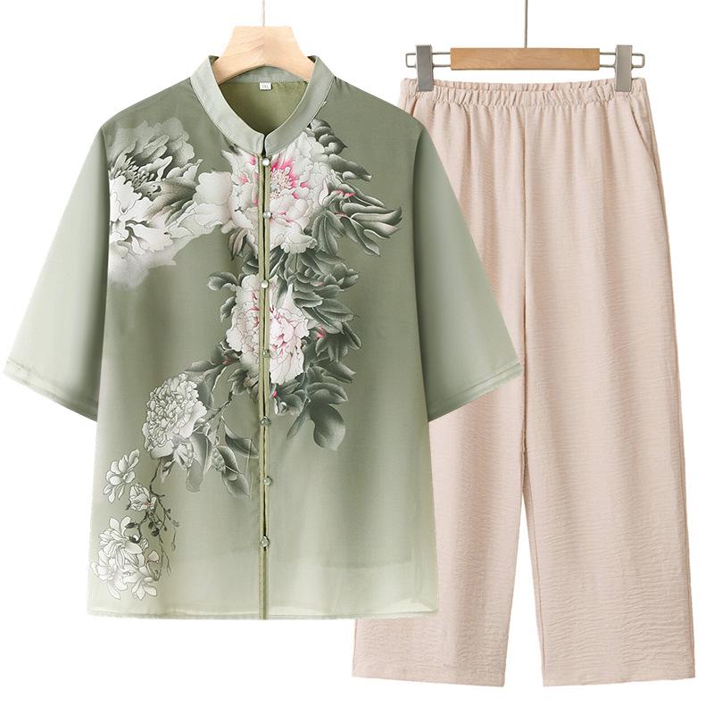 Summer Style Chiffon Cardigan for Elderly Mothers - Mid-Sleeve Chinese Design
