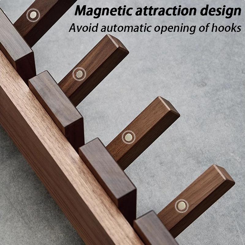 Solid Wood Coat Rack Entrance Hall Clothes Bag Storage Hanging Hook Wall Mounted Clothing Organizer Hanger with Magnetic Suction