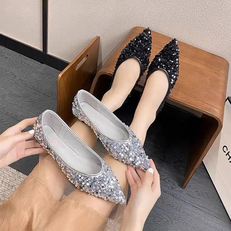 Fashion Women's Flat Shoes Pointed Toe Silver Elegant Party Black Ladies Footwear Low Heel Luxury Brand Fashionable Slip On Promotion 39