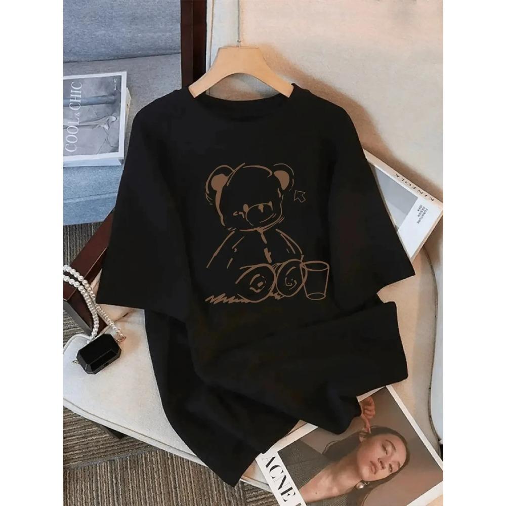 Cute Teddy Bear Print O-Neck Tops Women's Fit Short Sleeve Cartoon Fashion Coffee Cup Kawaii Women Clothing