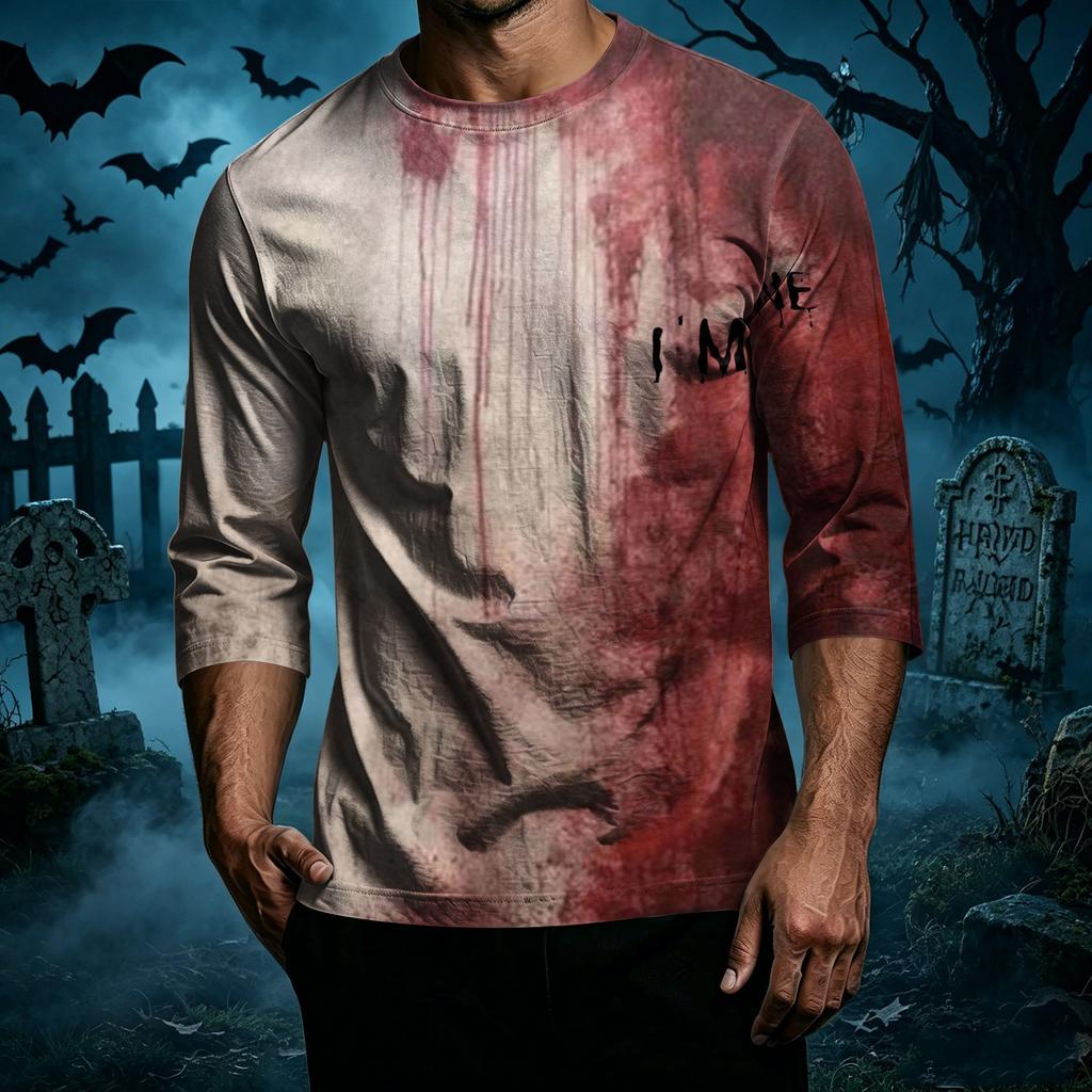 Men's Casual Halloween Print Crew Neck T Shirt Three Quarter Sleeve Top Comfortable Fit Lightweight Fabric Suitable for Everyday Wear