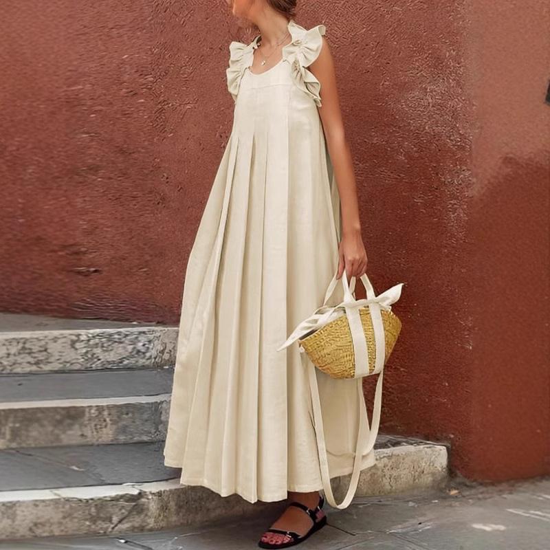 

Женское Макси-платье без рукавов с оборкой на вырезе, Повседневное Элегантное Легкое Длинное платье в бежевом, черном, белом цвете S абрикосовый