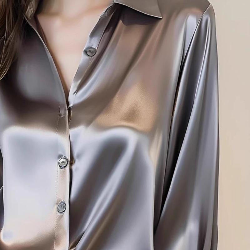 Color New Premium Gray Acetate Satin Shirt Women's Long Sleeve Chic French Silk Professional Shirt