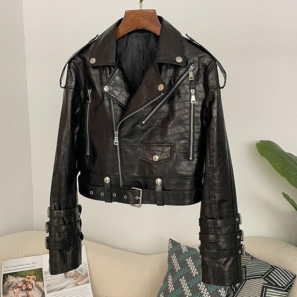 OFTBUY Women Vintage Loose Real Genuine Leather Short Jacket Tie Cuff Motorcycle Jacket Female Zipper Retro Moto Biker Coat Outwear Tops