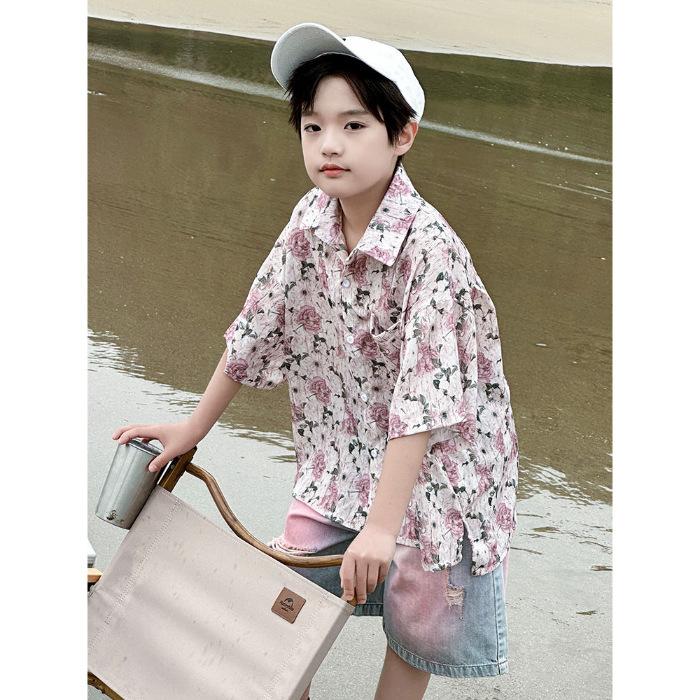 Boys Summer Thin Floral Shirt Short Sleeve Top Cool Casual Kids Clothing 90