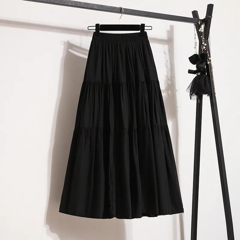 Women White Long Skirt Elastic Waist A-line Skirt High Waist Casual Slimming Cake Skirt Versatile Mid Length Dress Youthful Women Clothes