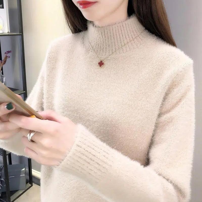 Golfy Jednokolorowe Elastyczne Swetry Casualowe Damskie Jesienno-zimowe Swetry Z Długim Rękawem Sweter Dzianinowy