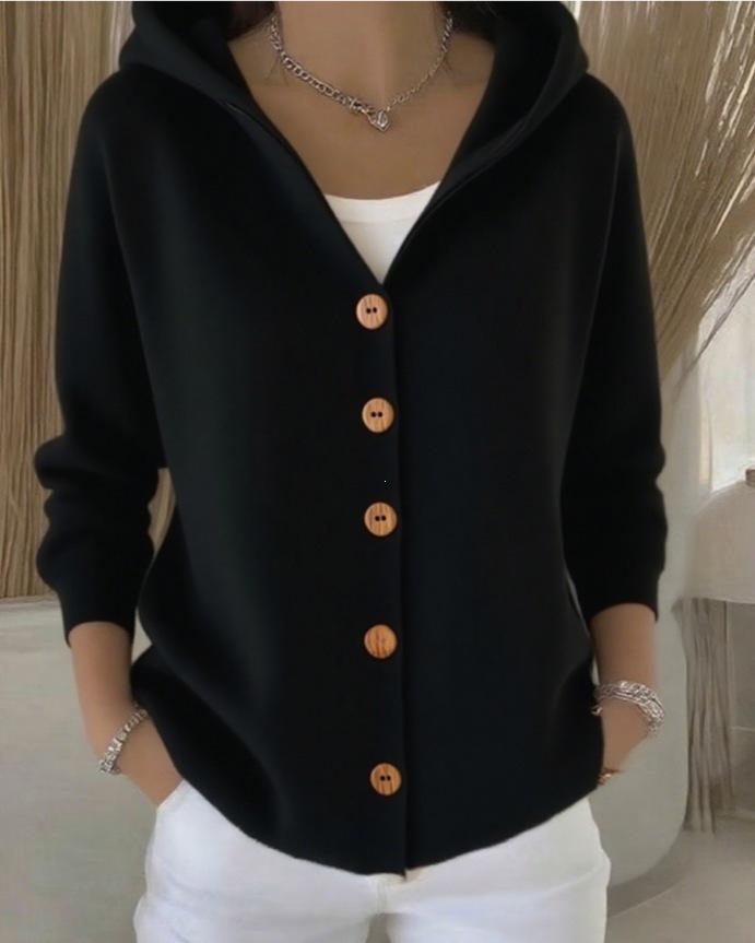 European & American Style Hooded Knit Cardigan - Women's Autumn/Winter Casual Solid Color Fashion Sweater Outerwear, 2025 Collection.