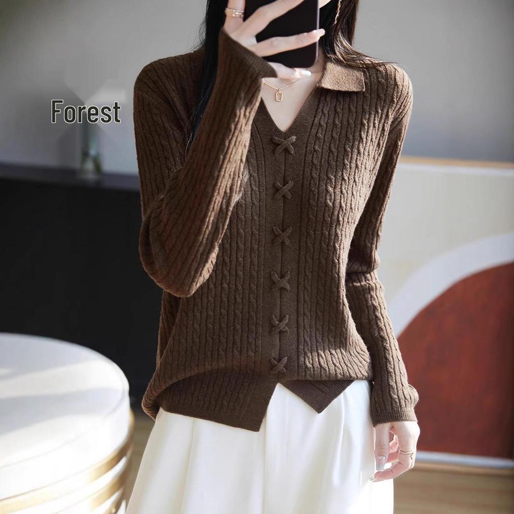 2025 Spring Women's Loose Lapel Pure Wool Cable Knit Sweater