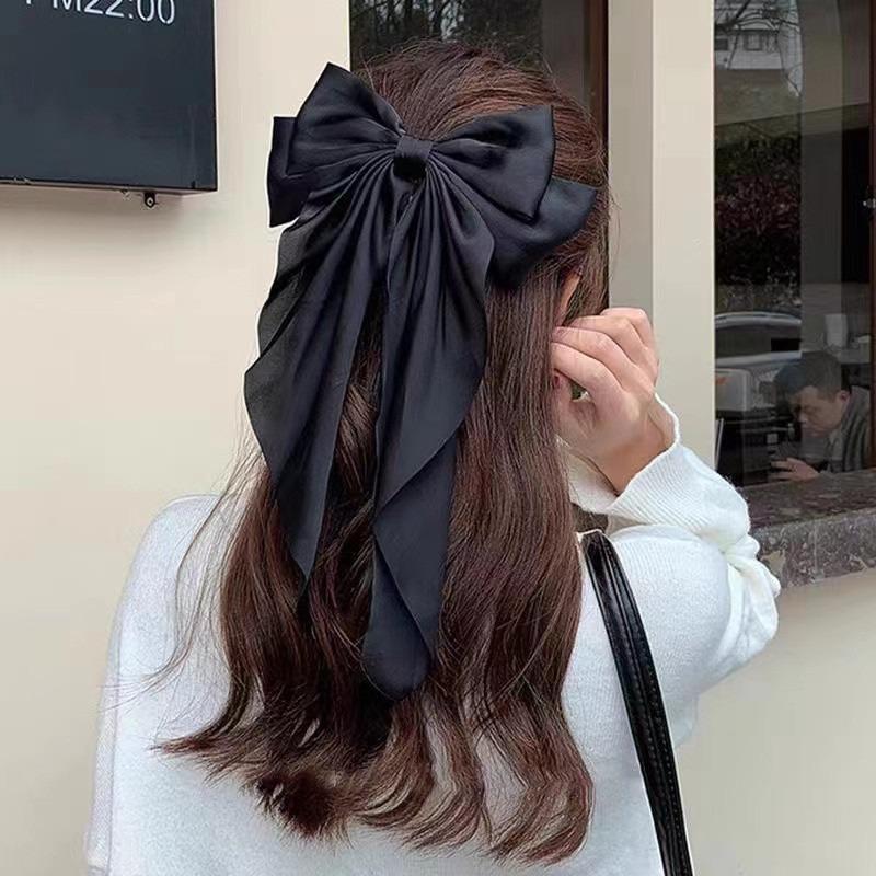 Fashionable Solid Color Ribbon Bow Hair Clip Women's Elegant Long Satin Large Bow Spring Clip Hair Accessory Top Clips