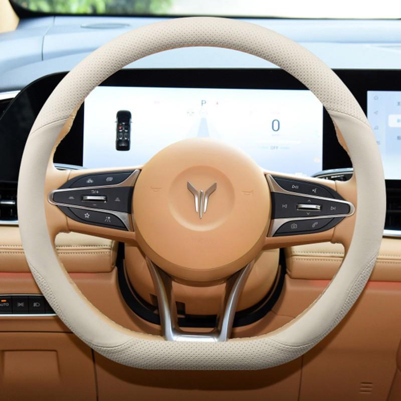 Universal Ultra-Thin Genuine Leather Steering Wheel Cover 38cm Diameter Anti-Slip All-Season Sport Style