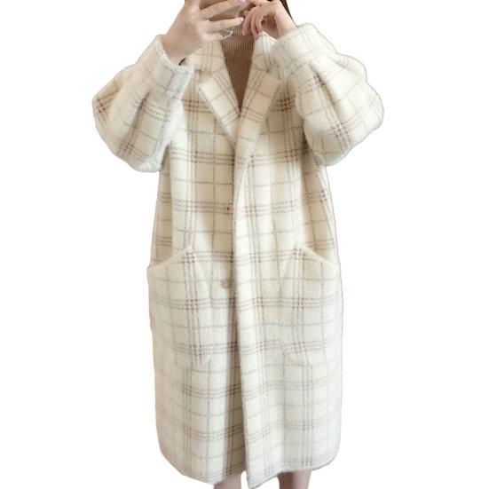 

Женское зимнее пальто из утолщенного искусственного меха с клетчатым принтом, свободное однобортное женское пальто средней длины с карманами и длинными рукавами с лацканами. 3XL белый