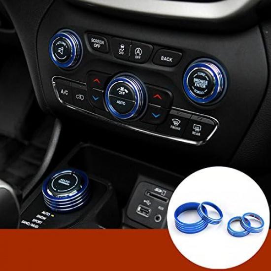 Blue Interior Center Console Air Condition Knob & 4WD Knob Trim Cover 4pcs for Jeep Cherokee 2014-2018