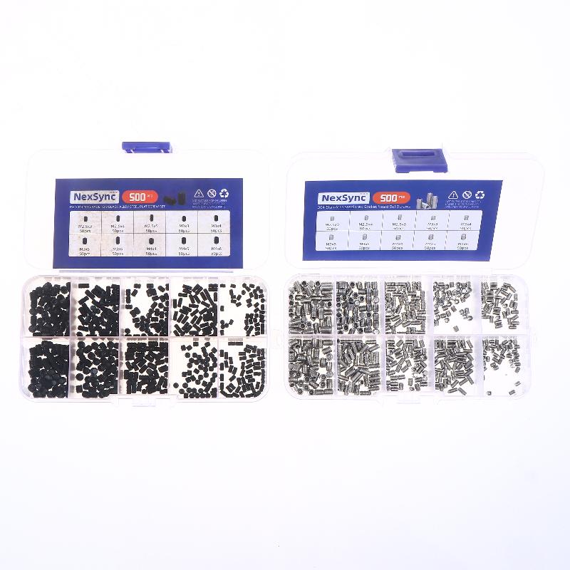 500pcs M2.5 M3 M4 DIN913 304 Stainless Steel Black Hex Hexagon Socket Allen Flat Point Grub Bolt Set Screw Kit Box