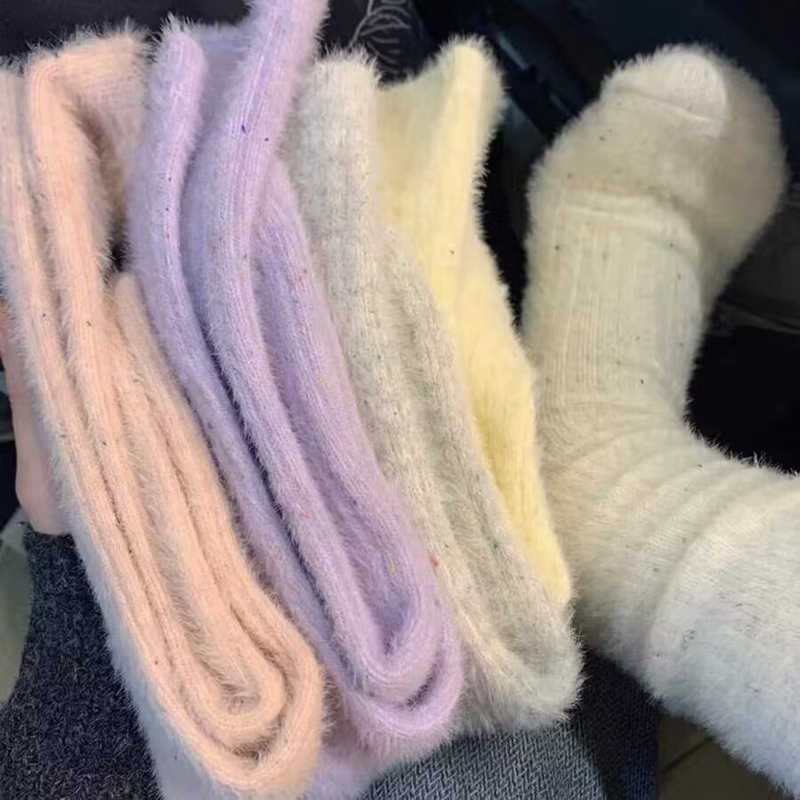 Women Mink Velvet Candy Color Socks Soft Super Elastic Velvet Thicken Warm Plush Winter Autumn Floor Fleece Mid-tube Stocking