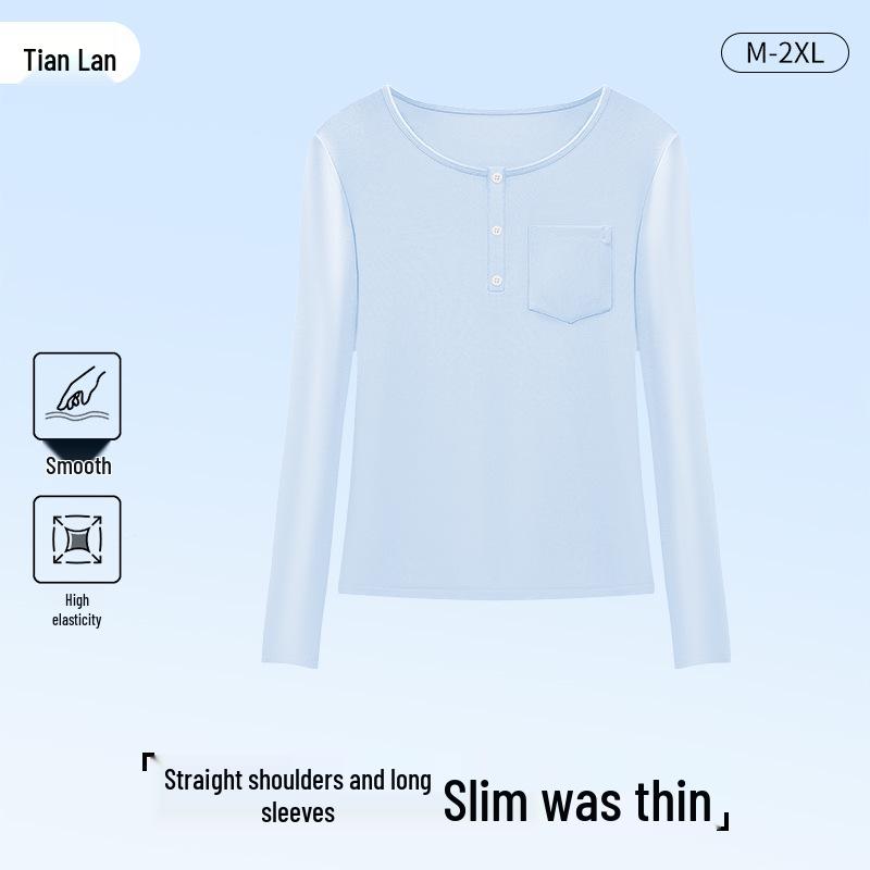 Women s White Lyocell Long-Sleeve Round Neck Loose Top - New 2026 Early Spring Collection Extra Large небесно-голубой