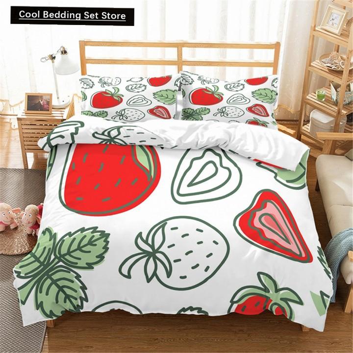 Red Strawberry Cute Bedding Set 3D Pink Lovely Summer Fruit Duvet Cover King Queen For Kids Girls 2/3Pcs Polyester Quilt Cover
