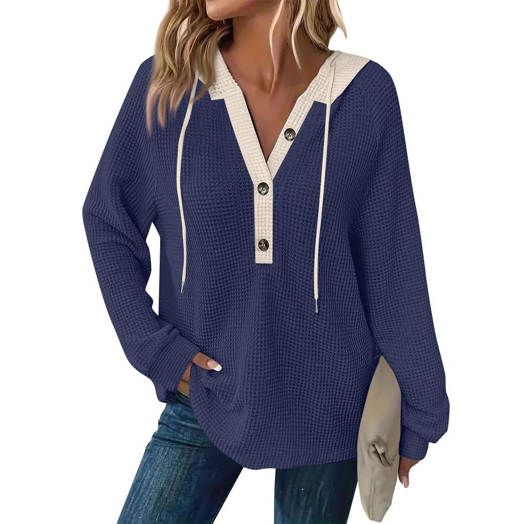 Damska bluza z długim rękawem i ściągaczem w blokach kolorów, z kapturem i guzikami, z dekoltem w serek, w swobodnym stylu