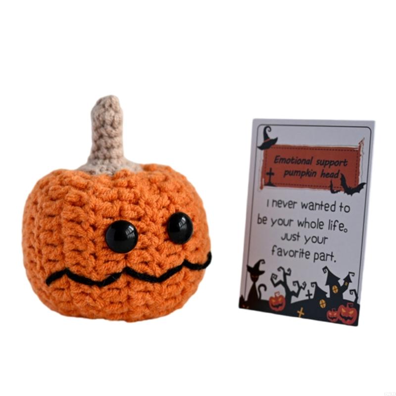 62KD Handmade Knitted Pumpkin Head with Positive Message Cards Halloween Festivals Crochet Pumpkin Dolls Ornament for Gifting