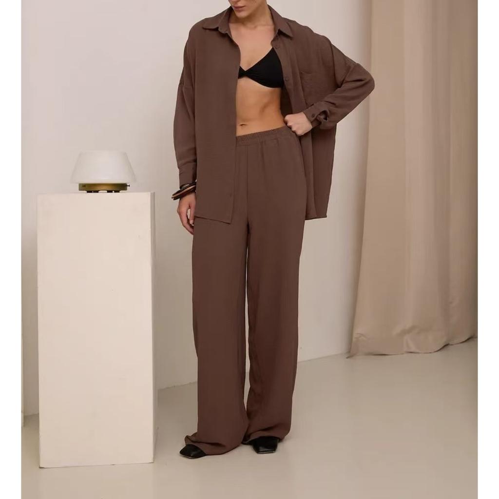 Women's 2-piece Solid Color Cardigan With Pocket Fashion Casual Wide Leg Pants Set European American Trendy Outfit