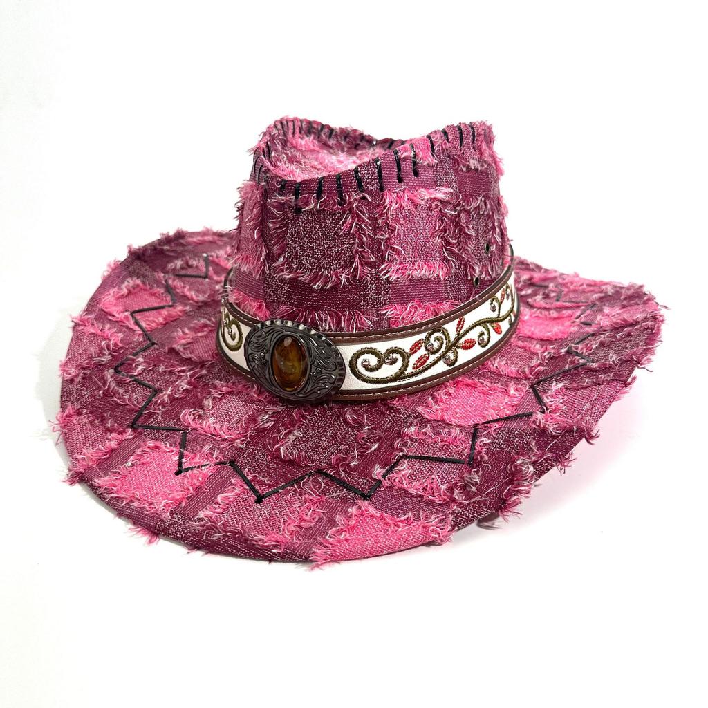 The New Rags Make Old Western Denim Hats, European and American Men's and Women's Top Hats, the Checkered Pattern Comes with a Windbreak Rope Jazz Ha