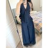 1116 Spring Korean Commuter Tencel Denim Bow Neck Halter Top Loose Wide Leg Pants Set