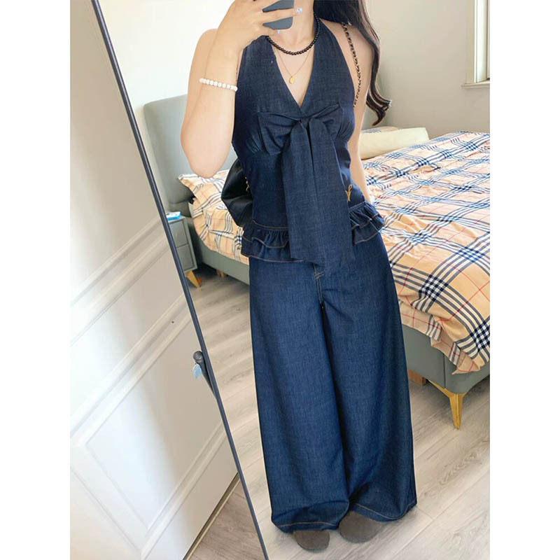 1116 Spring Korean Commuter Tencel Denim Bow Neck Halter Top Loose Wide Leg Pants Set