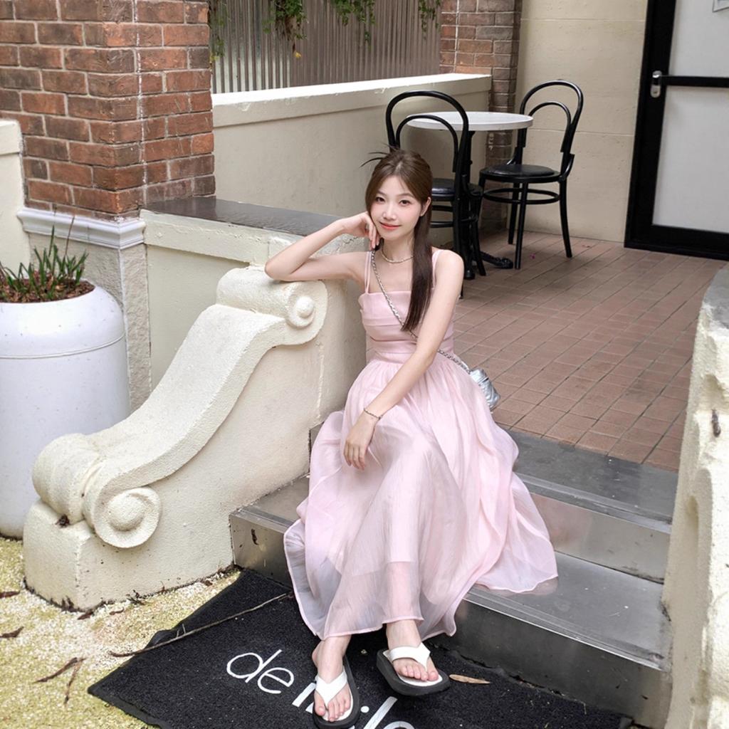 Seaside vacation French dress new female pink fairy skirt super fairy Mori suspender skirt female summer