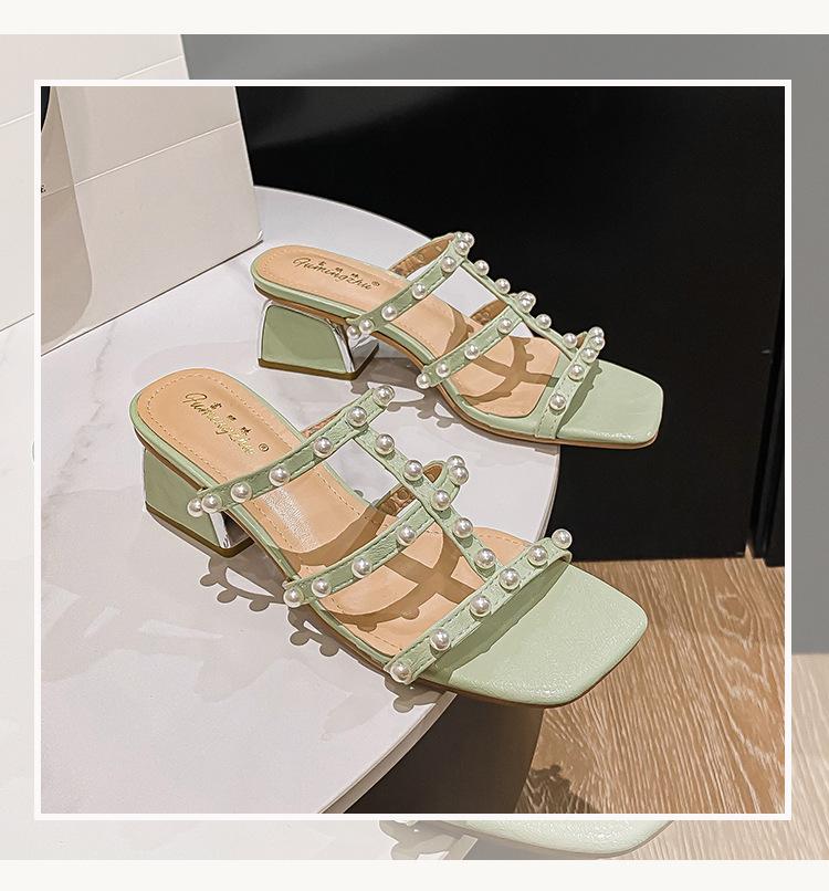 

Фирменные туфли Pearl, женские летние туфли на среднем каблуке, шлепанцы с открытой пяткой, пляжные шлепанцы, женские гладиаторские сандалии с бисером 5 зелёный