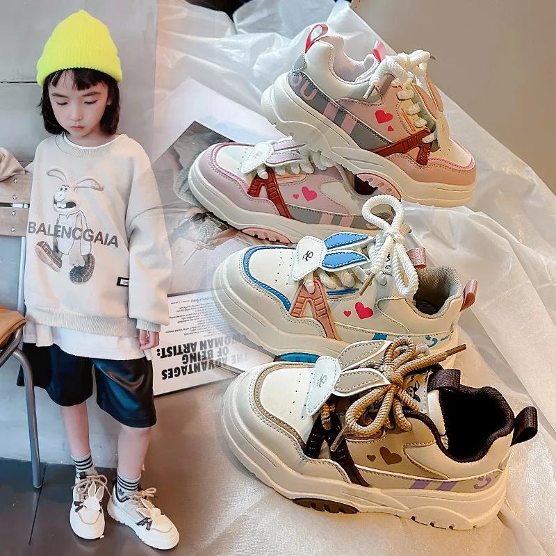 Kids Sports Shoes with Cute Rabbit Girls Casual Shoes Thick Soft Sole 2024 New Children Running Shoes for Students Non-slip