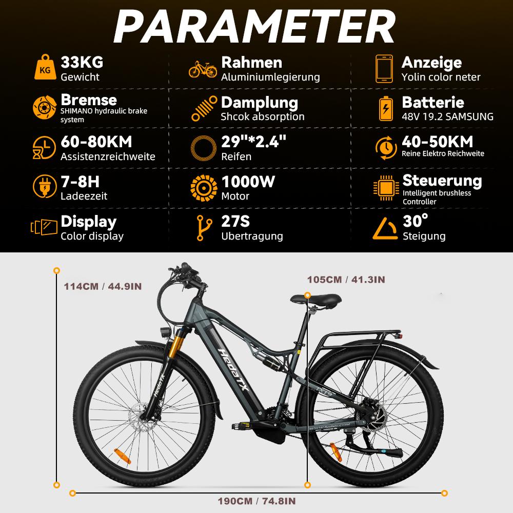 Bicicletă Electrică Full Suspension Hedatx Tx19, Motor 1000W, Baterie 48V 19.2Ah, Anvelopă 29"×2.4, Frână cu Disc Hidraulică cu 27 de Viteze, Bicicletă Electrică Off-Road pentru Adulți