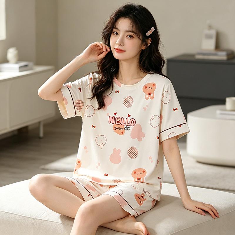 Sweet Girl's Pajamas Women's Summer Casual Round Neck Imitation Cotton Short-sleeved Suit Cute Age-reducing Women's Loungewear
