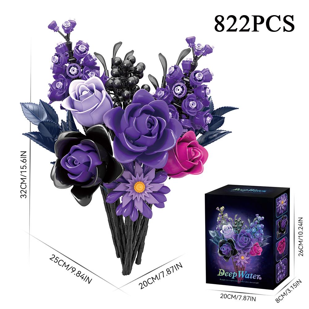 Model Purple Rose Flower Building Set for Adults Dark Elegant Bouquet Display Romantic Desk Decor Floral Art Collectible Gift