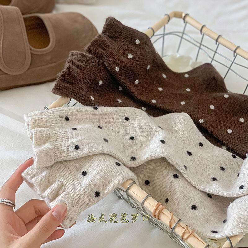 Polka Dot Wool Socks Medium Tube Socks Thickened Cashmere Thermal Stacking Socks White Versatile Double Needle Stockings
