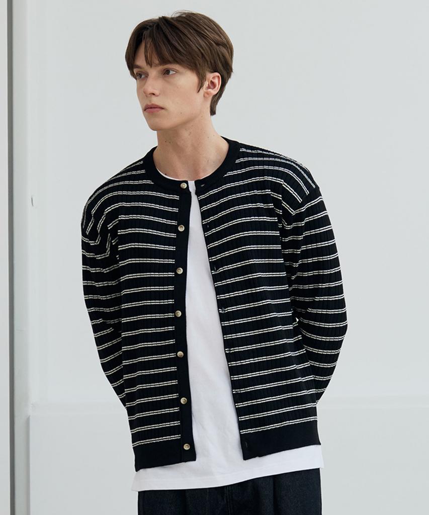 Nodu Block Stripe Round Knit Cardigan [Black]