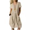 2026 Summer Solid Color Loose Round Neck Short Sleeve Pocket Dress for Women