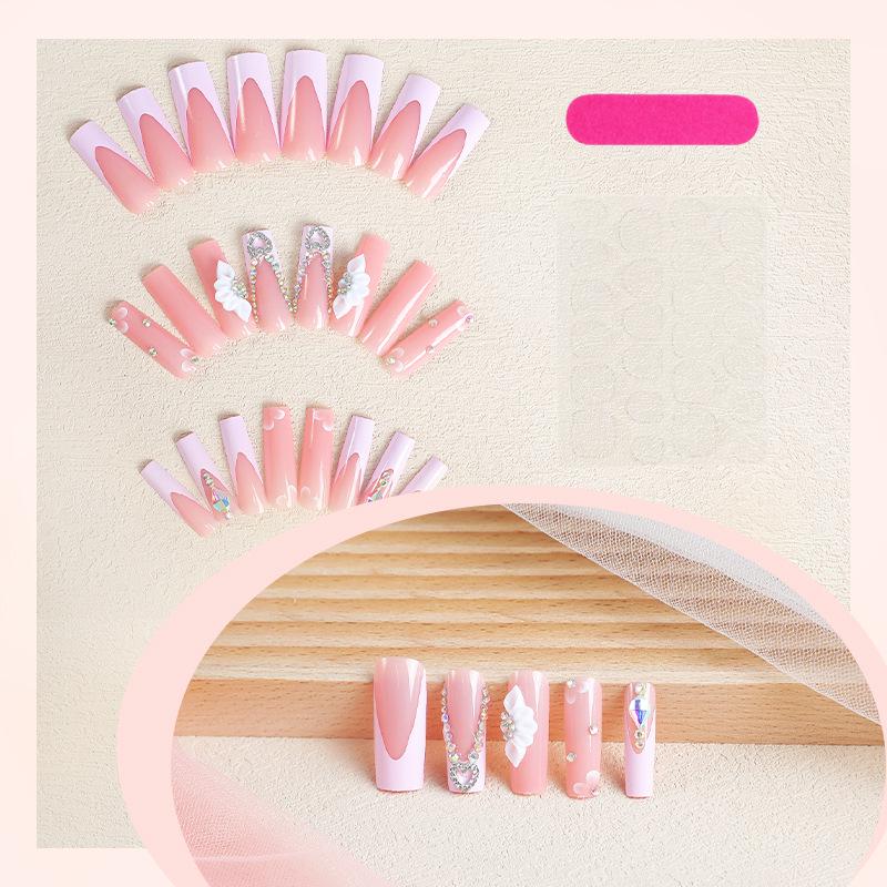 

2024 Trendy European & American Handmade Long Coffin Nails with 3D Flower & Diamond French Tips