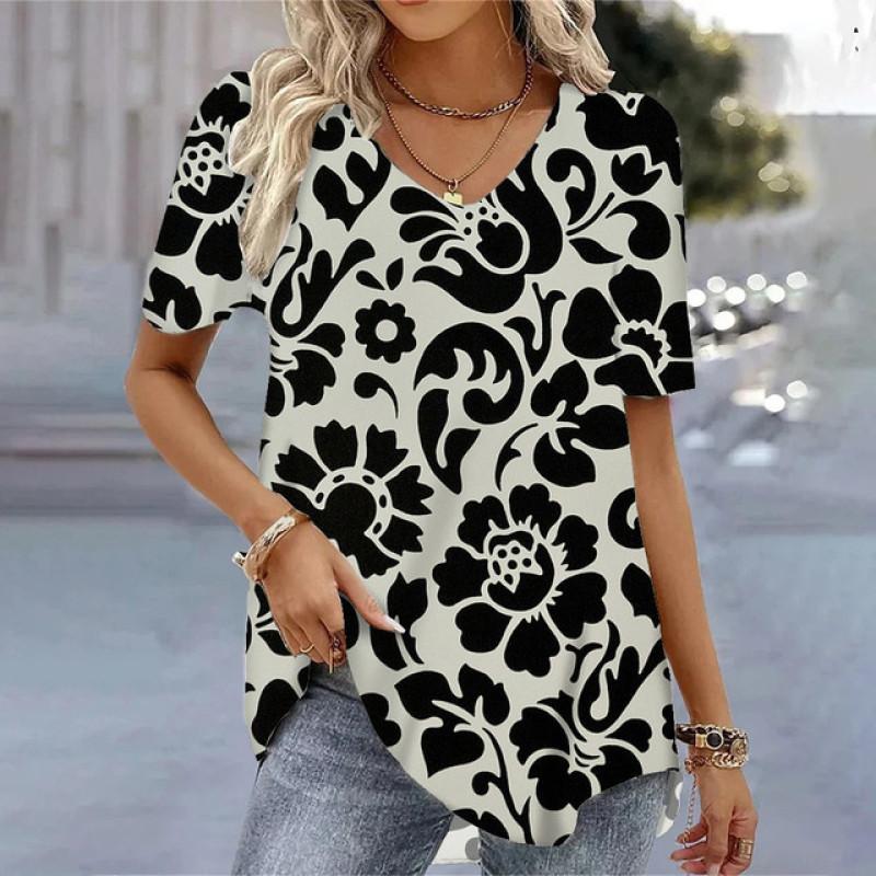 T-shirts V-neck Women's Floral Printed Summer Casual Short Sleeve Tee Shirts Harajuku Versatile Blouse Tops For Female Clothing
