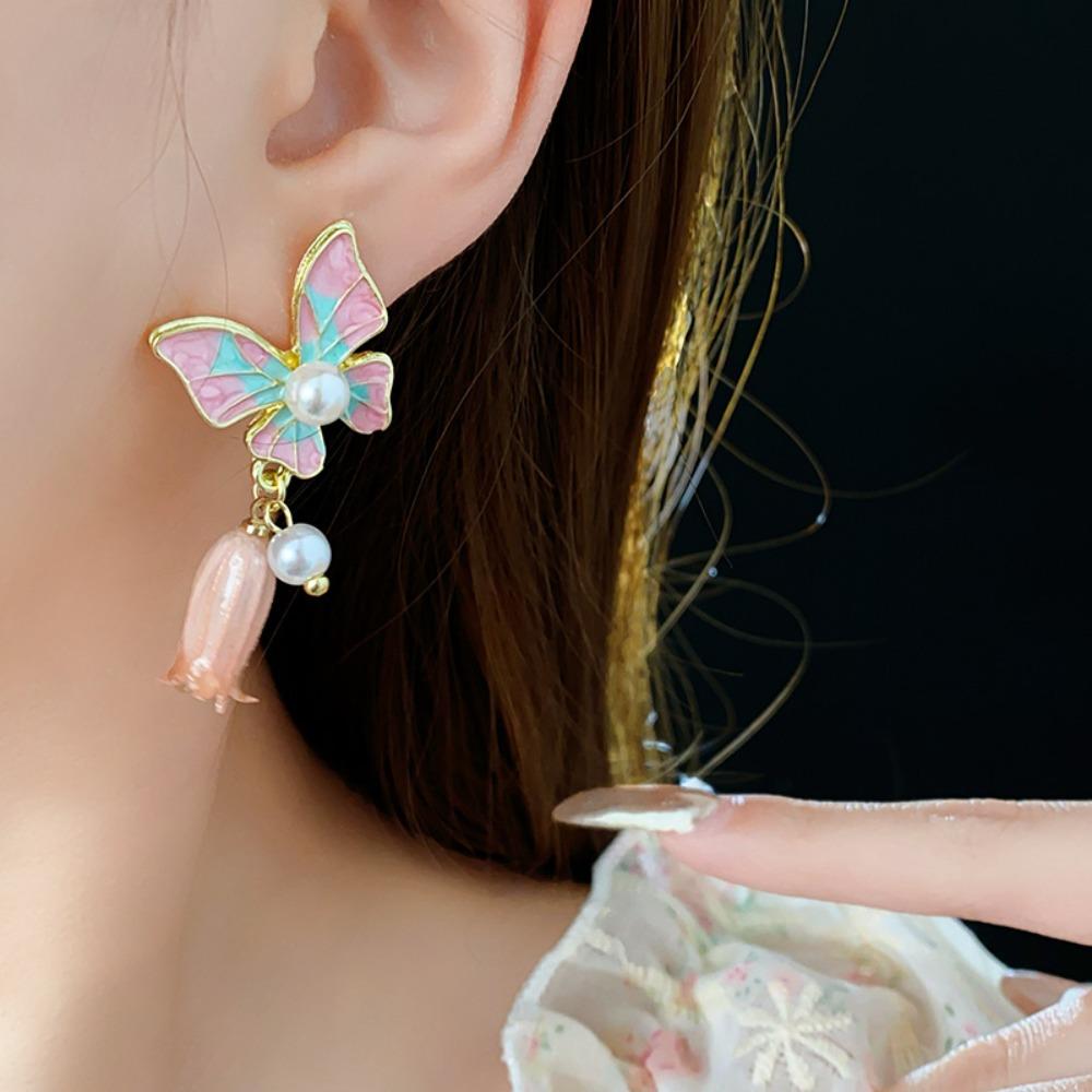 Oil Drop Butterfly Earrings Flower Pendant Sweet Stud Earrings Vintage Earrings Women  Party