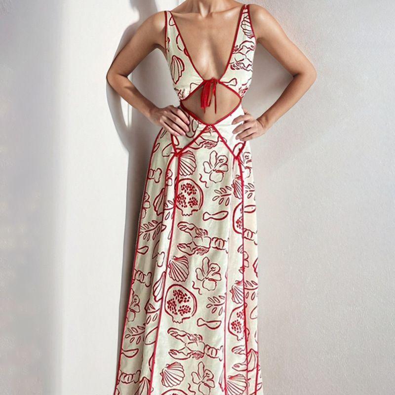 

European and American Women clothes Sexy Backless Hollow out Vacation Print Bandage Dress Holiday Printed Dress Red M