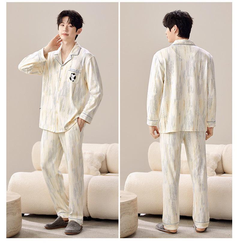 Couple's Korean Style Cotton Pajama Set with Long Sleeve Lapel Cardigan and Chest Pads for Plus Size Women and Men – Autumn/Winter Homewear.