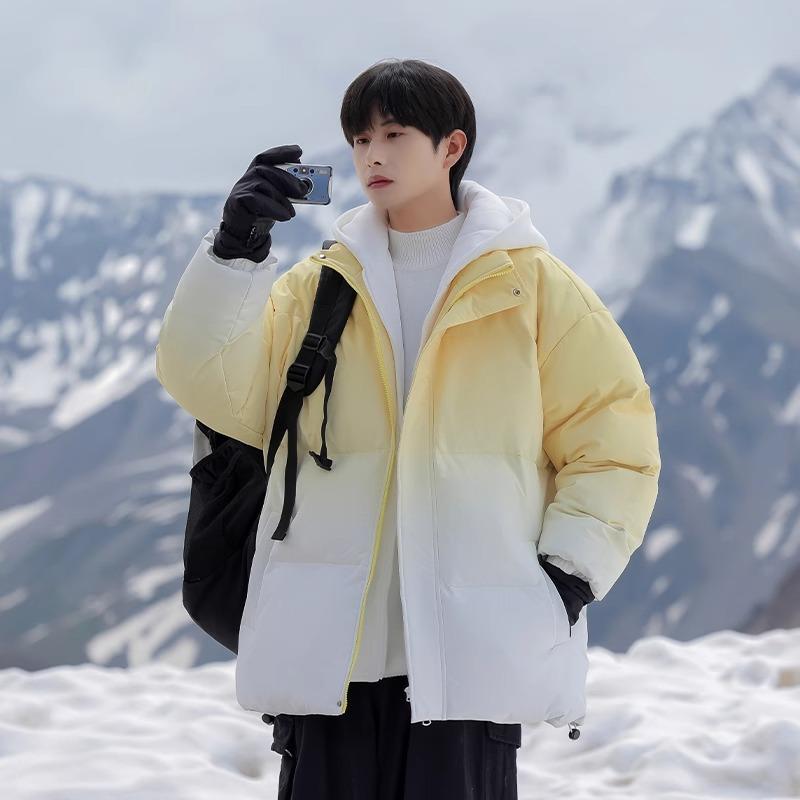 Fake two pieces of gradual change cotton-padded coat men's winter new loose tide brand high street casual warm cotton clothes hooded