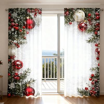 2 Paneler Julgardiner 2D Platt Tryckta Bollar Gardiner med Snöflingor Och Tallgrenar Högtidsfönstergardiner Dekoration