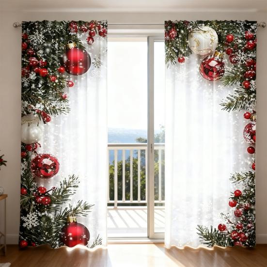 2 Panels Christmas Curtains 2D Flat Printed Balls Curtain with Snowflakes And Pine Branches Holiday Window Drapes Decoration for Living Room Decor